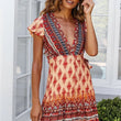 Women Summer A Line V Neck Short Sleeve Flare Floral Boho Dress