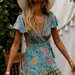Women Summer A Line V Neck Short Sleeve Flare Floral Boho Dress
