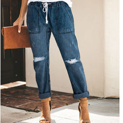 Women's Ripped Drawstring Elastic Waist Denim Pants