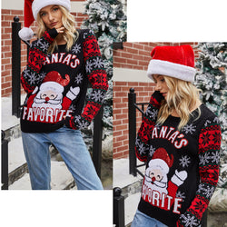 Women Novelty Santa Claus Round Neck Knit Sweater  Pullover