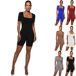 Women Square Neck Ribbed Knit Bodycon Short Jumpsuit