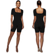 Women Square Neck Ribbed Knit Bodycon Short Jumpsuit