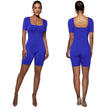 Women Square Neck Ribbed Knit Bodycon Short Jumpsuit