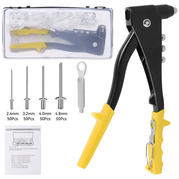 HEAVY DUTY HAND RIVETER TOOL + 200 ASSORTED RIVETS AND 4 NOZZLE HEAD