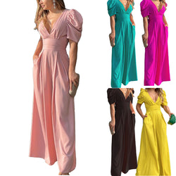 Women Deep V-neck Wide Leg Jumpsuit
