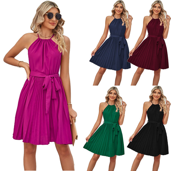 Women Halter Sleeveless Pleated Dress