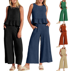 Women 2 Piece Solid Color Outfits Sleeveless Ruffle Tank Crop Top Wide Leg Set