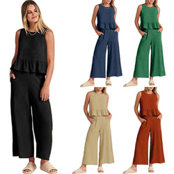 Women 2 Piece Solid Color Outfits Sleeveless Ruffle Tank Crop Top Wide Leg Set