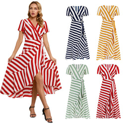 Women's Stripe Patchwork Ruffle Wrap Long Maxi Dress