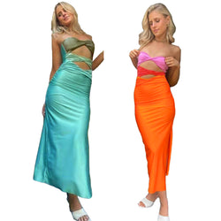 Women's Cut Out Split Bodycon Twist Front Contrast Color Dress