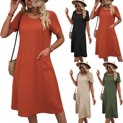 Women Cotton Loose Midi Dress with Pocket