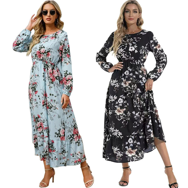 Women's Autumn Long Sleeve Floral Print Swing Maxi Dress