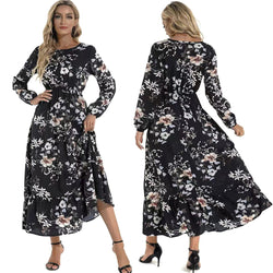 Women's Autumn Long Sleeve Floral Print Swing Maxi Dress