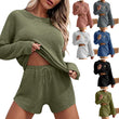 Womens Waffle Knit Pajama Sets Long Sleeve Top and Shorts Matching Loungewear