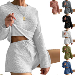 Womens Waffle Knit Pajama Sets Long Sleeve Top and Shorts Matching Loungewear
