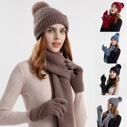 Set of 3pcs Women Knitted Warm Fleece Hat Knitted Scarf Touch Screen Gloves Set
