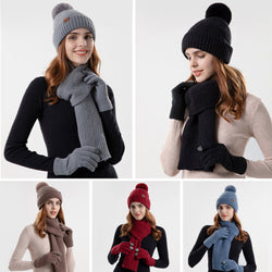 Set of 3pcs Women Knitted Warm Fleece Hat Knitted Scarf Touch Screen Gloves Set