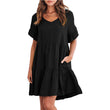 Women Summer V-Neck Solid Color Ruffle Short Sleeve Mini Dress with Pocket