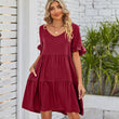 Women Summer V-Neck Solid Color Ruffle Short Sleeve Mini Dress with Pocket