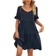 Women Summer V-Neck Solid Color Ruffle Short Sleeve Mini Dress with Pocket