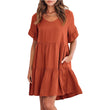 Women Summer V-Neck Solid Color Ruffle Short Sleeve Mini Dress with Pocket