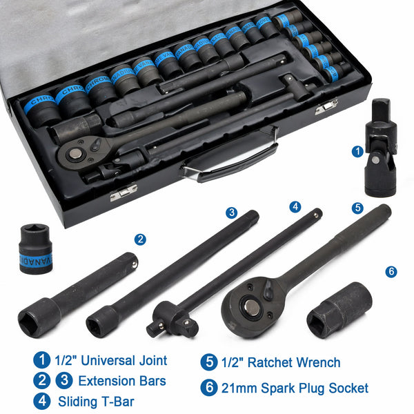 24PC BLACK SOCKETS RATCHET WRENCH SET 1/2 INCH DRIVE METRIC