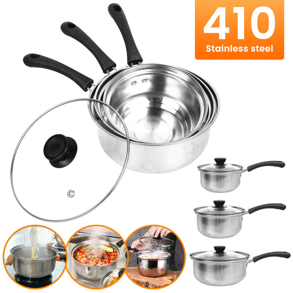 Set of 3 Induction Non Stick Stainless Steel Glass Lids Pot Pan