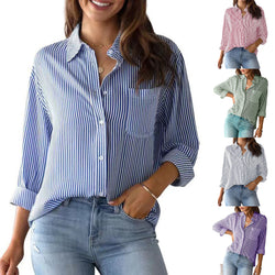 Womens Button Down Striped Classic Long Sleeve Collared  Blouse