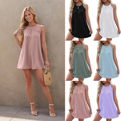 Women Halter Sleeveless Hollow Solid Color Dress