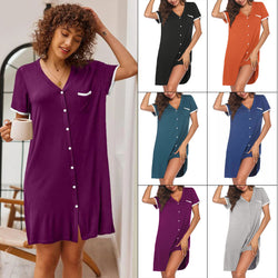 Womens V-Neck Button Down Short Sleeve Nightgown