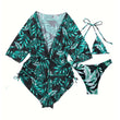 3PCS/SET Tropical Print Halter Triangle Bikini Swimsuit With Romper