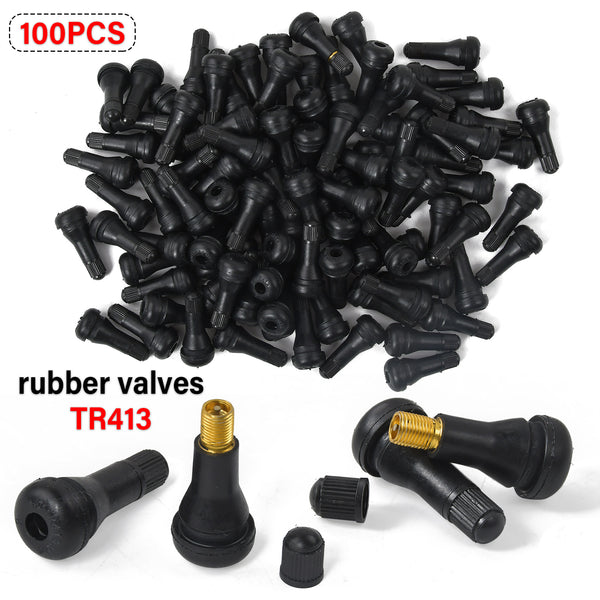 100x TR413 Tubeless Tyre Valves & Dust Caps Rubber Snap In Car
