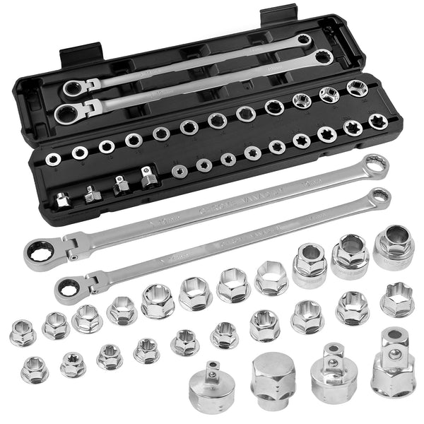 27PC FLEXI HEAD RATCHET SPANNER SET EXTRA LONG 6PT E SOCKET