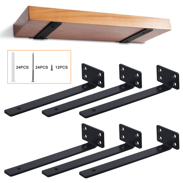 6 Heavy Duty Black Shelf Brackets - 8 Inch Floating Shelf