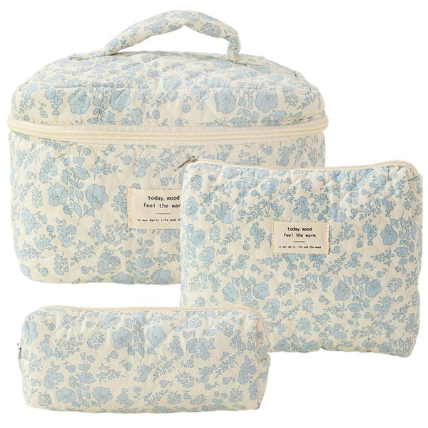 Quilted Makeup Bag Set 3 PCS Floral Cotton Makeup Bag