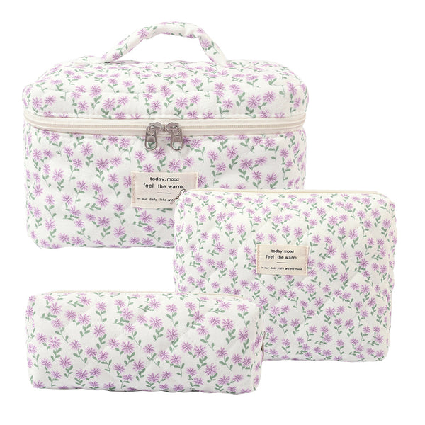 Quilted Makeup Bag Set 3 PCS Floral Cotton Makeup Bag