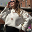 Love Embroidery Knit O-neck Women Pullover Lantern Sleeve Oversized Sweater