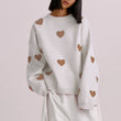 Love Embroidery Knit O-neck Women Pullover Lantern Sleeve Oversized Sweater