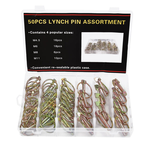 50pcs Linch Pin Assorted .4.5mm,6mm,8mm,11mm Shaft Lynch Trailer Tractor