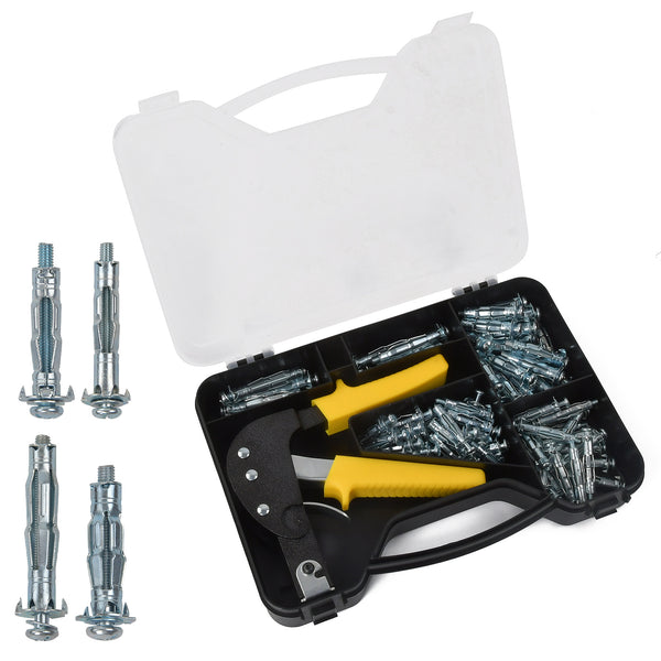 72pc Hollow Wall Fixings & Anchor Setting Tool Kit Set Plaster Boarding & Case