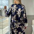 Women 3pcs Pajamas Set Lace Long Sleeve Kimono Robe Lace Bra Floral Shorts