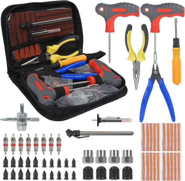 YADPUNG 65pcs Tyre Repair kit, Car Tyre Puncture Repair Kit, Tubeless Tire Repair kit with Pressure Gauge, Tread Depth Gauge, T-Handle Tool, Strips & Tire Plugs for Cars, Motorcycle, Truck, Van, ATV, Tractor