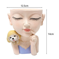 Eco-friendly Lovely Decorate Resin Girl And Dog Planter Pot