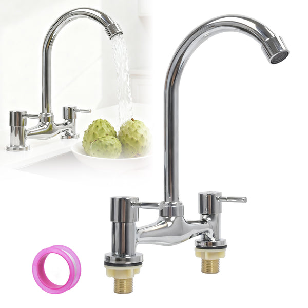 Dual Lever Chrome Kitchen Sink Mixer Taps 2 Hole Deck Mounted Tap Faucet