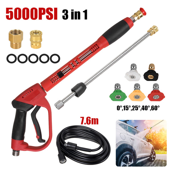 5000PSI High Pressure Spray Gun Wand Lance & 7.6M Water Washer Hose w/ Nozzle