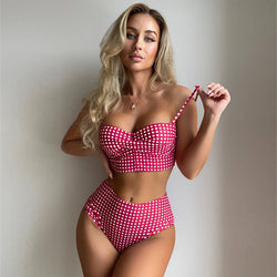 Women's High Waist Bikini Swimwear Plaid Swimsuit Beachwear