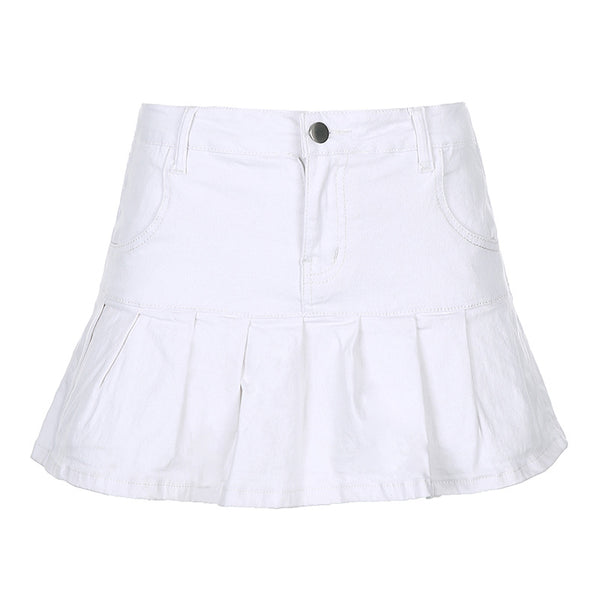 Women Pleated Ruffle Denim Skirt