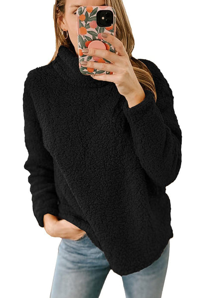 Women Fleece Turtleneck Long Sleeve Winter Solid Color Pullover