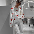Love Embroidery Knit O-neck Women Pullover Lantern Sleeve Oversized Sweater