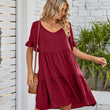 Women Summer V-Neck Solid Color Ruffle Short Sleeve Mini Dress with Pocket